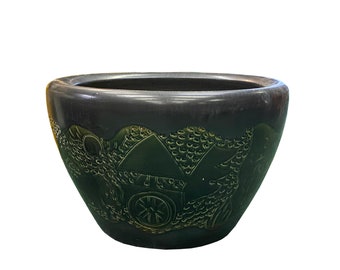 Chinese Dark Gray Black Ceramic Motif Pattern Accent Pot Planter ws2720E