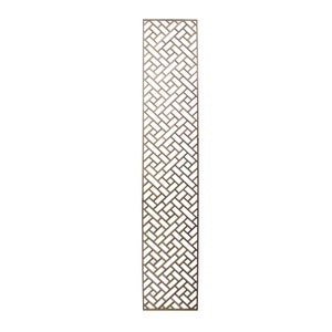 May include: A tall, decorative metal screen with a geometric pattern of overlapping squares. The screen is made of a light brown metal and has a rustic, antique look.