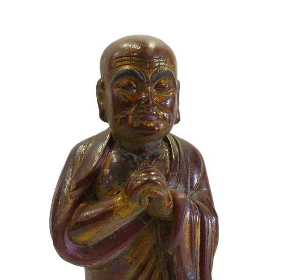 Vintage Chinese Wood Brown Golden Monk Figure cs690-4S Vintage Chinese Wood Brown Golden Monk Figure cs690-4S