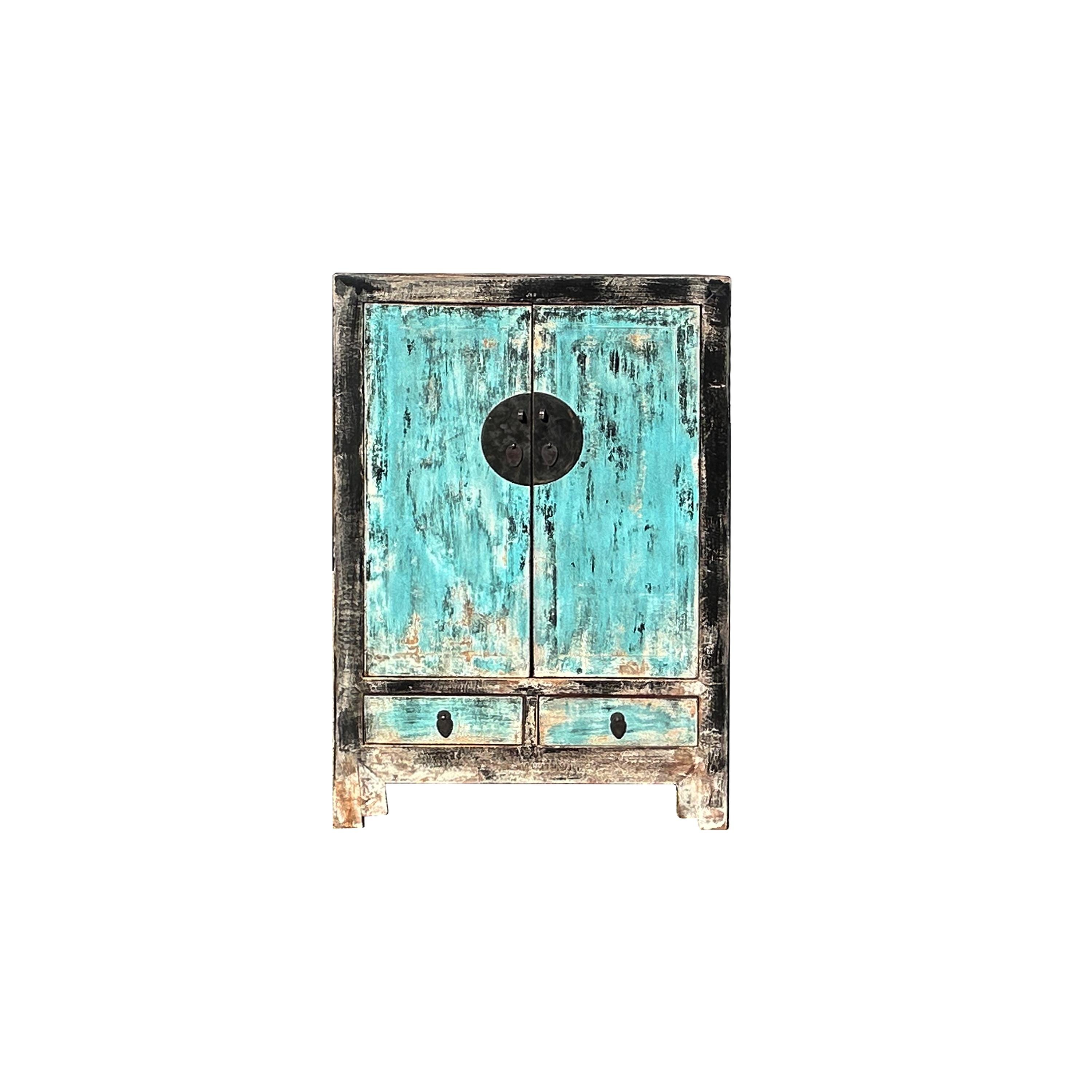Distressed Aqua Blue Black Rim Marks Moon Face Credenza Side Cabinet ws4397S Distressed Aqua Blue Black Rim Marks Moon Face Credenza Side Cabinet ws4397S