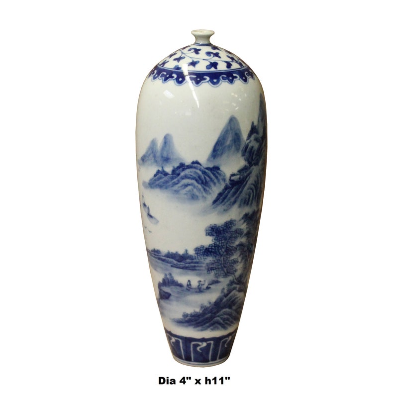 Chinese Blue White Porcelain Scenery Graphic Tiny Mouth Vase ws1108E image 2