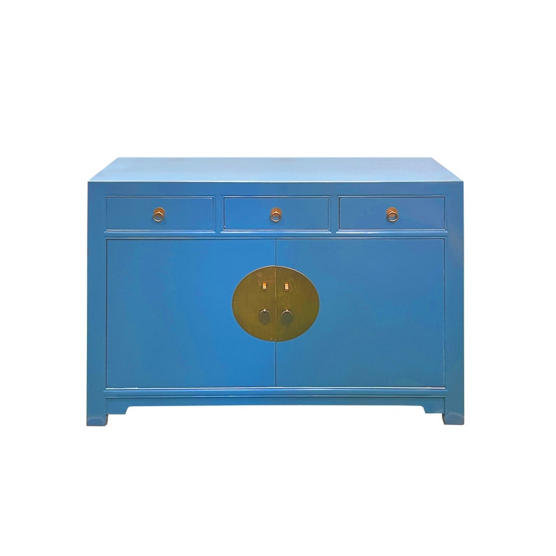 Chinese Oriental Bright Blue 3 Drawers Sideboard Buffet Table Cabinet cs7577E image 2