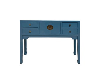 47" Chinese Pastel Venice Blue 4 Drawers Slim Narrow Foyer Side Table cs7596BE