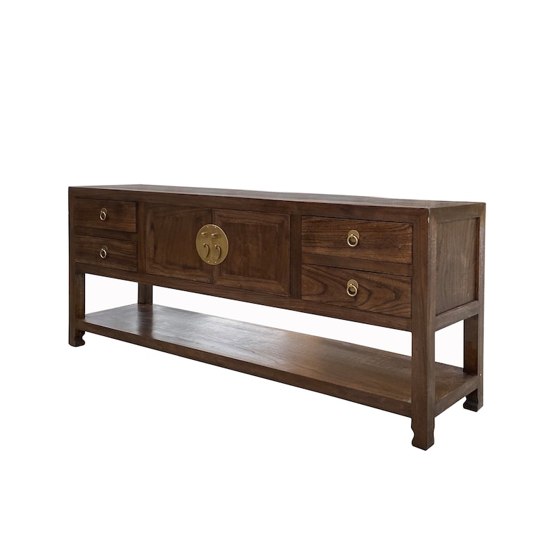 Chinese Oriental Brown Stain Low TV Console Moon Face Table Cabinet cs7572E image 4