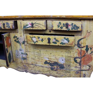 Chinese Distressed Yellow Oriental Flower Graphic TV Console Cabinet cs4539E image 7