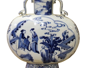 Chinese Blue White Porcelain People Theme Flask Shape Vase cs3025E