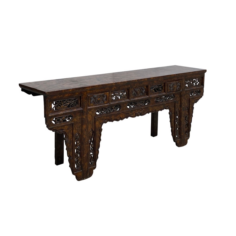 Vintage Chinese Brown Wood Open Flower RuYi Carving Apron Altar Console Table cs7802E image 4