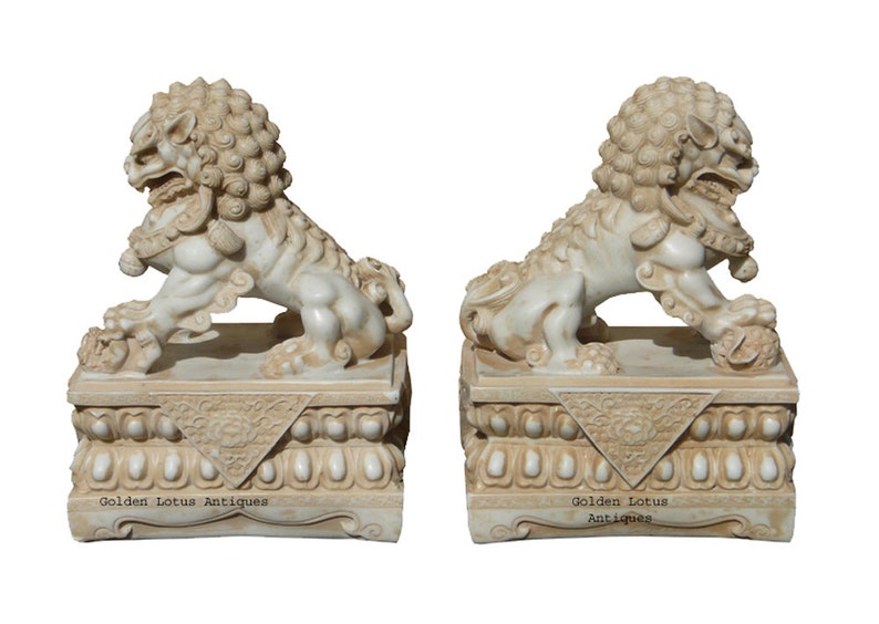 Pair Chinese Off White Marble Like Fengshui Foo Dogs cs1289E image 3