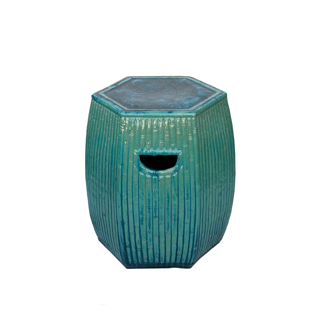 Chinese Hexagon Bamboo Theme Turquoise Green Ceramic Clay Garden Stool ...