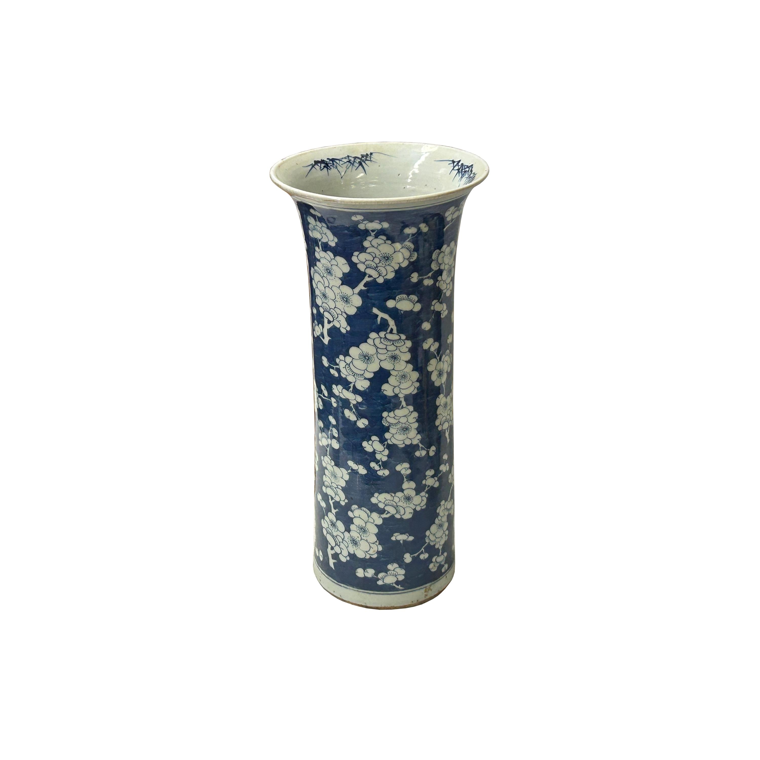 中国　青花　四君子文　四方鉢　時代箱付　M　R6432 Vintage Chinese Blue White Blossom Wide Mouth Column Porcelain