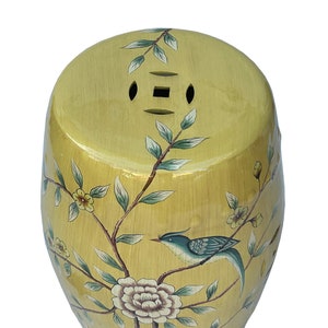 Distressed Yellow Porcelain Flower Birds Round Barrel Stool Table ws3692E image 7