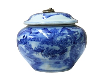 Chinese Oriental Blue Off White Porcelain Round Container Urn ws1113E
