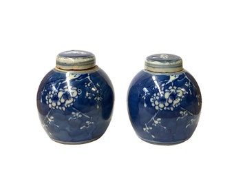 Pair Blue White Mini Oriental Graphic Porcelain Ginger Jars ws948E