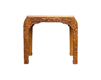 Vintage Oriental Floral Relief Carving Light Brown U Shape Stool Side Table ws3596E