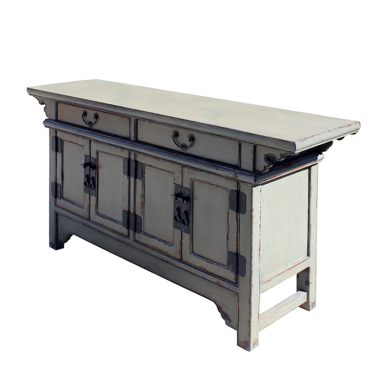 Chinese Distressed Gray Lacquer Low Sideboard Console Table Cabinet cs5899E image 5