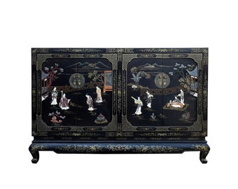 Vintage Chinoiseries Black & Stone Inlay Graphic Sideboard Cabinet cs7527E