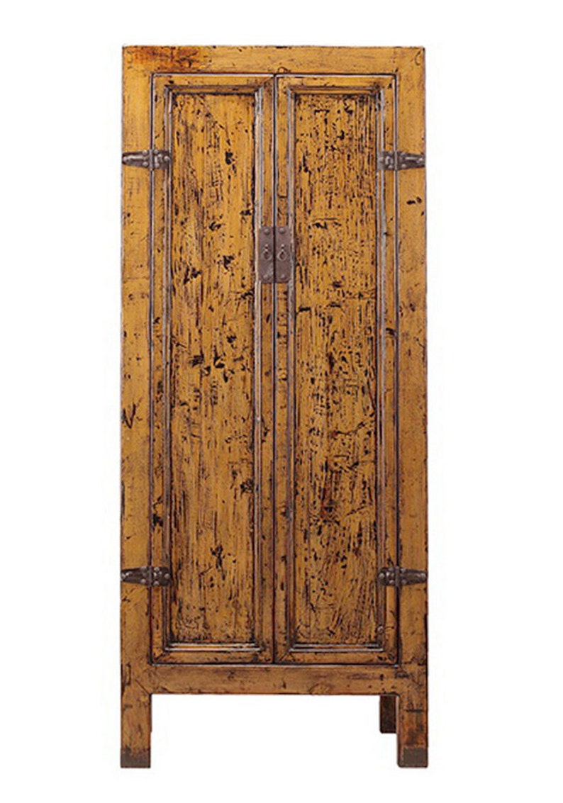 Chinese Vintage Hardware Yellow Brown Tall Stoarge Cabinet cs1293E