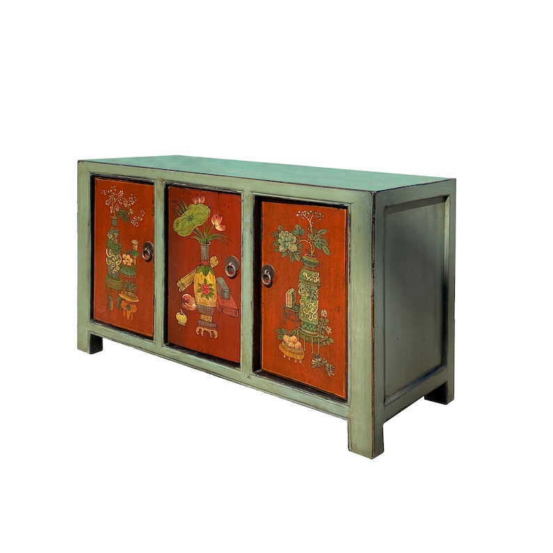 Chinese Vintage Gray Orange Flower Graphic Low TV Console Cabinet cs7427E image 3