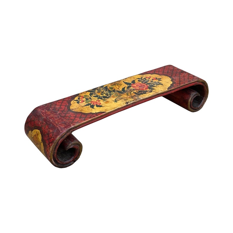 Vintage Chinese Tibetan Yellow Red Flowers Lacquer Scroll Table ws3227E image 3