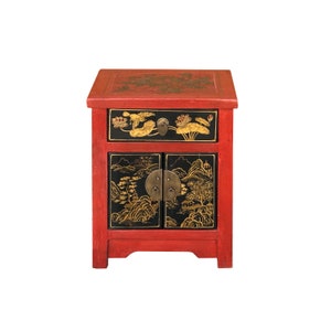 Oriental Distressed Red Black Golden Graphic Side End Table Nightstand cs7695E image 6