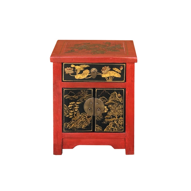 Oriental Distressed Red Black Golden Graphic Side End Table Nightstand cs7695E image 6