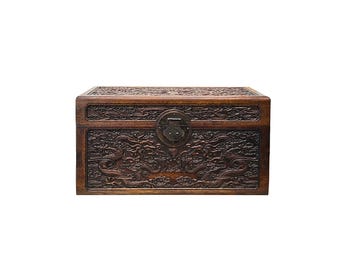 Orientalische Drachen Motiv Schatztruhe Box Distressed Braun Farbe Holz GB238E