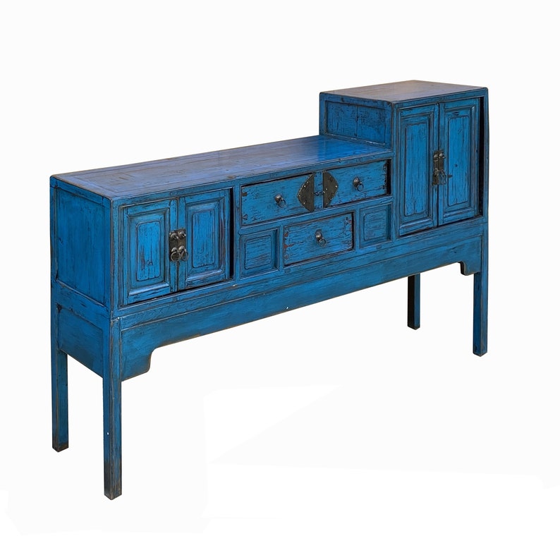 Vintage Chinese Distressed Bright Blue Drawers Foyer Narrow Side Table cs7743E image 5