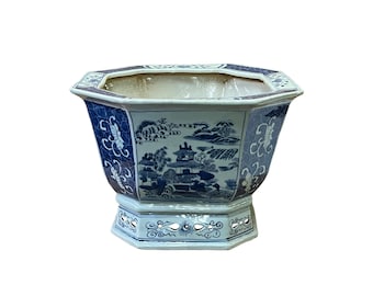 Chinese Blue White Oriental Scenery Porcelain Square Pot Planter ws3171E