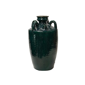 Vintage Dark Green Glaze Slim Round Jar Shape Pottery Ceramic Pot Vase JK221E