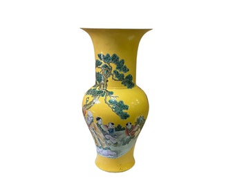 Vintage Chinese Yellow Base People Scenery Wide Mouth Porcelain Vase ws2558E