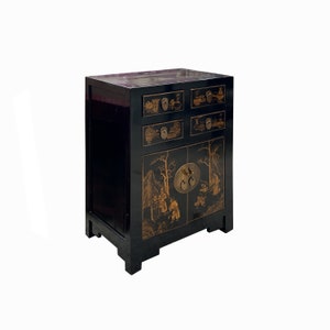 Vintage Oriental Distressed People Golden Graphic Black Side Table Cabinet cs7767E image 3