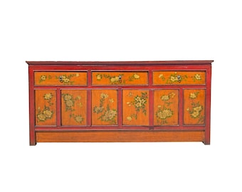 Chinese Tibetan Orange Red Yellow Flower Graphic Low TV Console Table cs7317