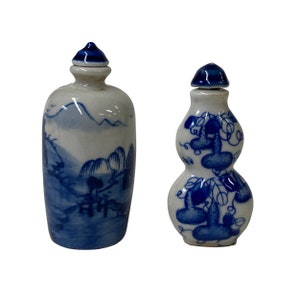 2 x Chinesische Porzellan Schnupftabak Flasche mit Blau Weiße Landschafts Grafik ws1280E