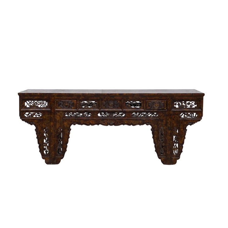 Vintage Chinese Brown Wood Open Flower RuYi Carving Apron Altar Console Table cs7802E image 1