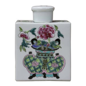 Handmade Chinese Colorful Painting Flower In Vase Rectangular Porcelain Tea Jar n227E