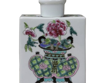 Handmade Chinese Colorful Painting Flower In Vase Rectangular Porcelain Tea Jar n227E