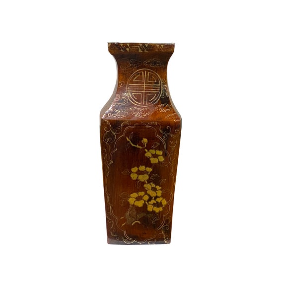 Chinoiseries Golden Graphic Brown Lacquer Square Vase Jar Shape Display ws3352S Chinoiseries Golden Graphic Brown Lacquer Square Vase Jar Shape Display ws3352S