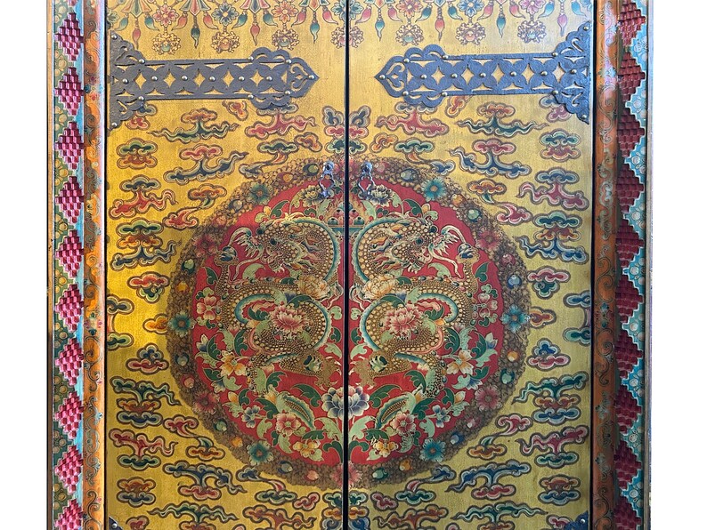 Chinese Tibetan Dragon Flower Yellow Graphic Tall Armoire Wardrobe Cabinet cs7683E image 10