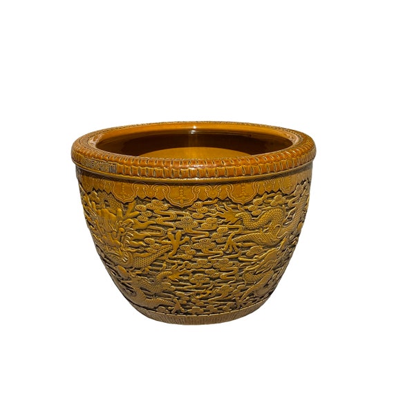 Chinese Ceramic Dragons Relief Motif Yellow Brown Color Pot Etsy