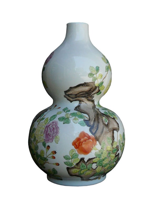 Asian Lucky Porcelain Wu Lu Gourd Shape Scenery Flowers Painting