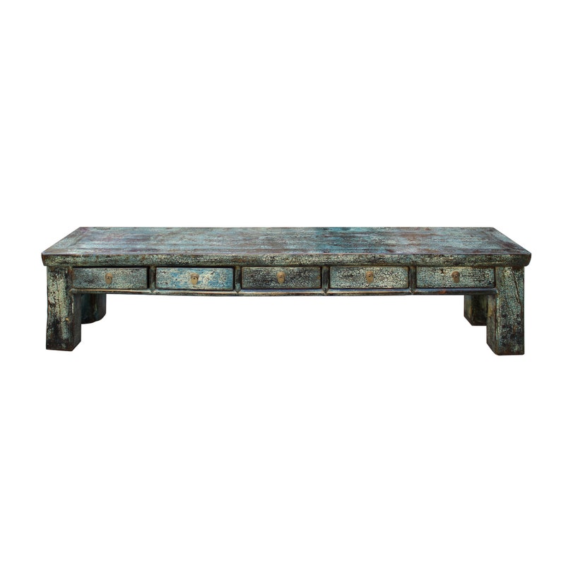 Chinese Distressed Teal Blue Green 4 Drawers Low Bench Cabinet Table cs4551E