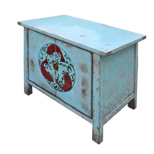 Chinese Distressed Light Pale Blue Fishes Graphic Table Cabinet cs3970E image 3