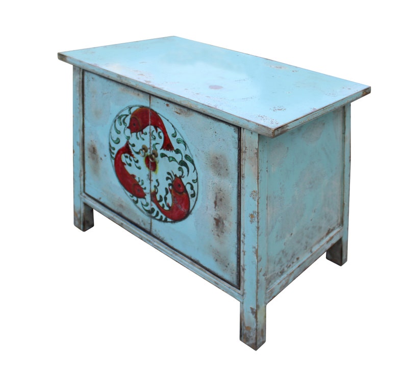 Chinese Distressed Light Pale Blue Fishes Graphic Table Cabinet cs3970E image 3