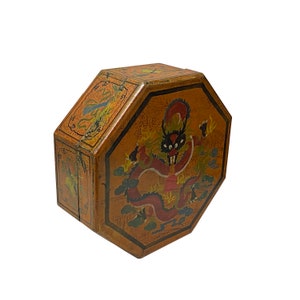 Chinese Distressed Light Brown Octagon Dragon Treasure Graphic Box ws2346E image 5