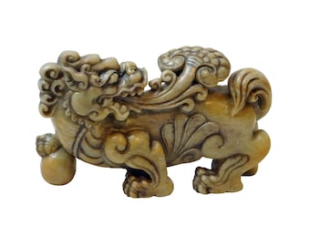 Asian Mythology Lucky Feng Shui Foo Dog Statue With LuYi and Globe n433E