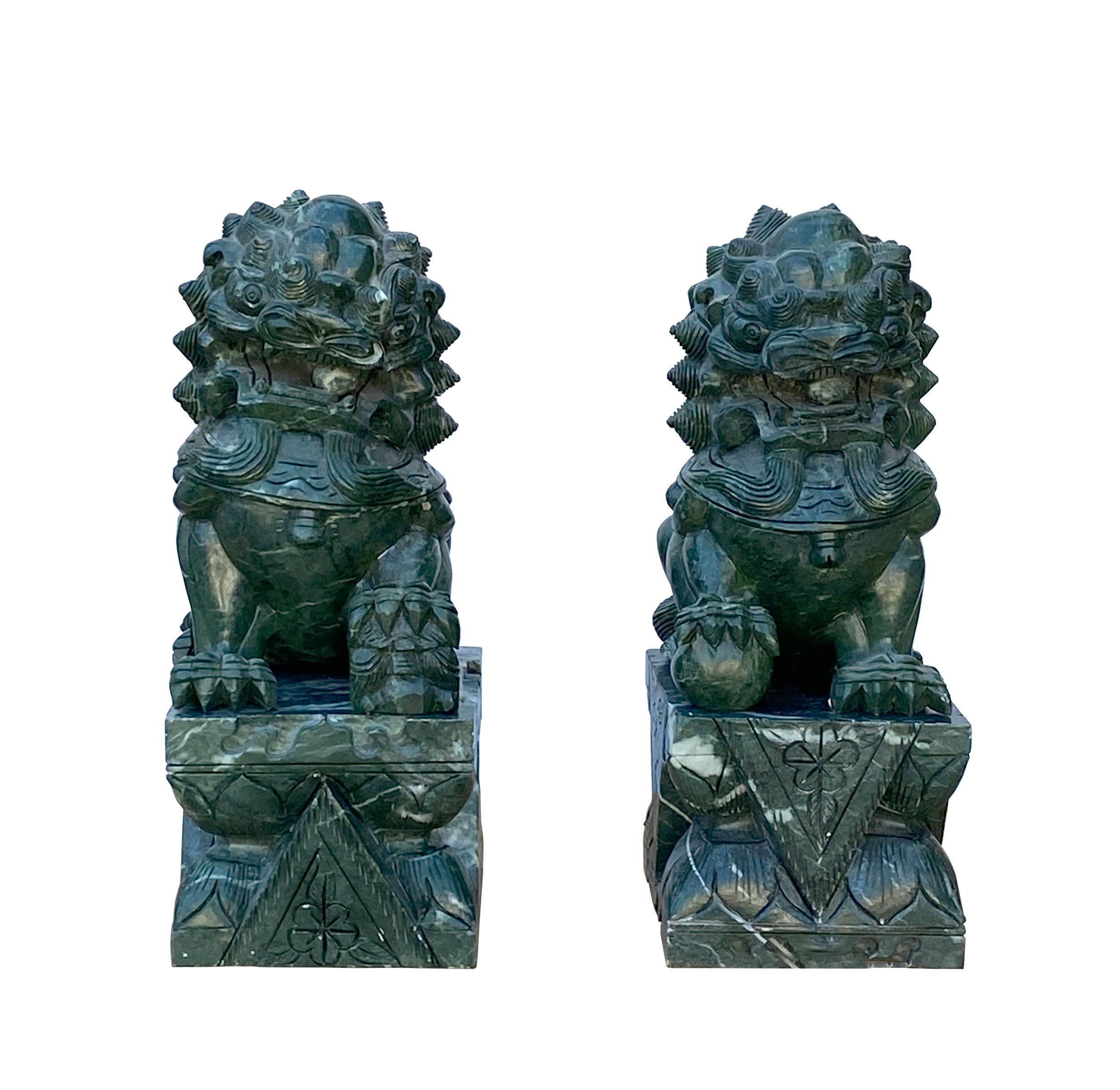 Pair Chinese Green Stone Fengshui Fortune Foo Dog Lion Display Figures ws1642E