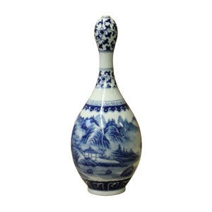 Chinese Blue White Porcelain Scenery Graphic Bulb Shape Vase ws1106E