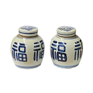 Pair Blue White Small Oriental Fok Characters Porcelain Ginger Jars ws1377E image 2