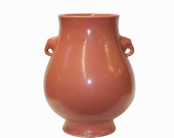 Chinese Elephant Head Accent Pink Orange Glaze Vase Pot ws1138E