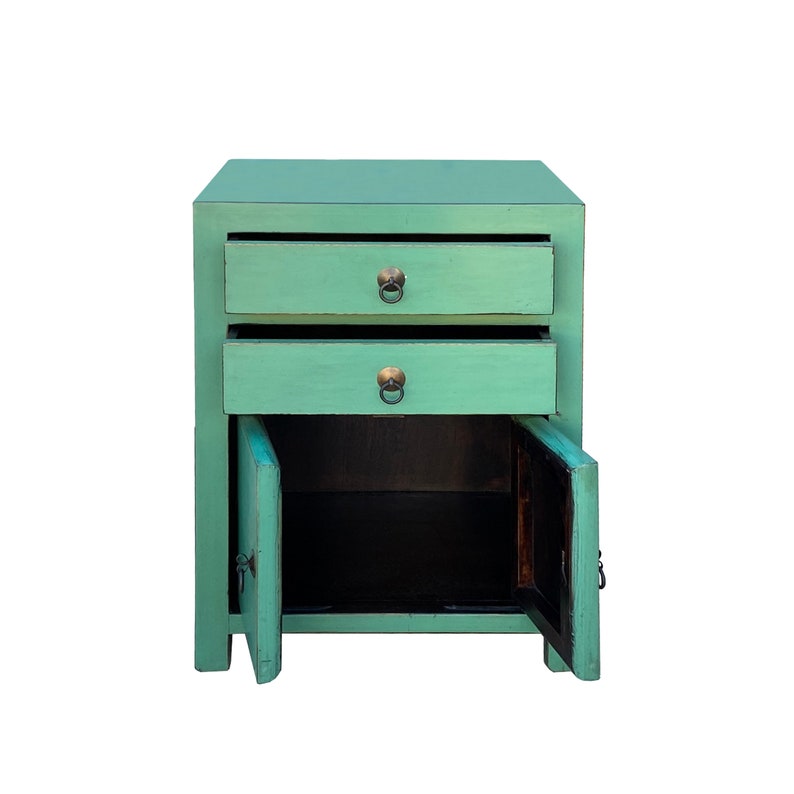 Chinese Distressed Turquoise Green 2 Drawers End Table Nightstand cs7420E image 5